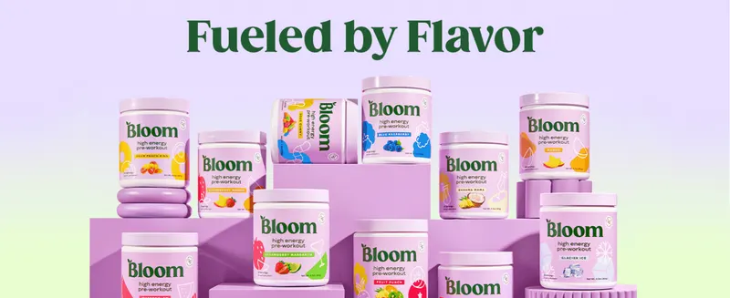 Shows the full range of Bloom pre-workout flavors so shoppers see the variety on offer.