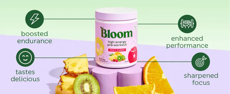 Highlights four distinct pre-workout benefits around the product so shoppers see what the supplement delivers at a glance.