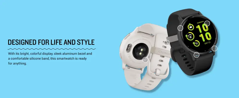 Points out the watch's premium design details—aluminum bezel, silicone band and colorful display—to position it as stylish enough for everyday wear. Points…
