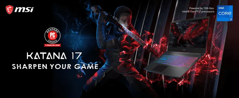 Introduces the Katana 17 gaming laptop with brand tagline and award recognition to establish credibility and excitement.