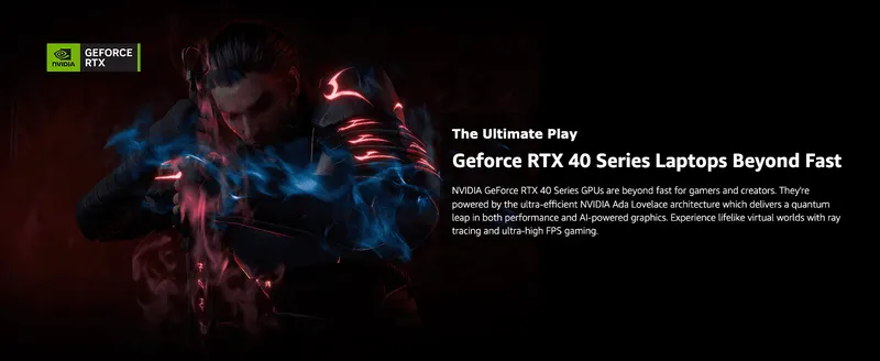 Highlights the GeForce RTX 40 Series GPU's fast, ray-traced graphics performance for gamers and creators.