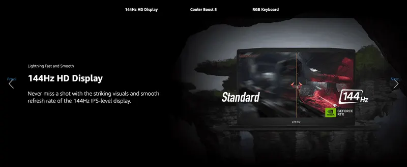 Highlights the laptop's 144Hz display by contrasting a blurry standard refresh rate with a sharp 144Hz image to show smoother, clearer visuals during fast…