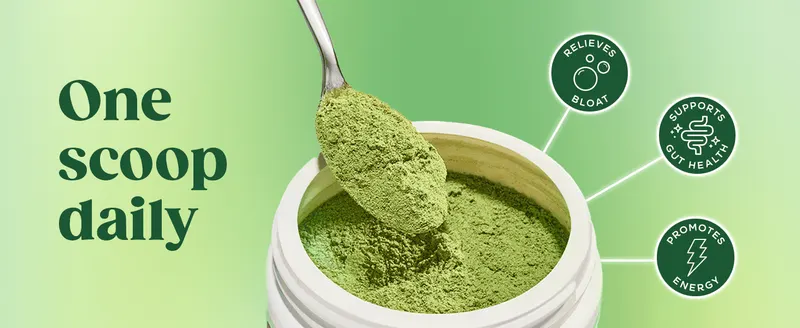 Highlights three distinct daily benefits of one scoop via segmented icon callouts, making the value of consistent use easy to scan.