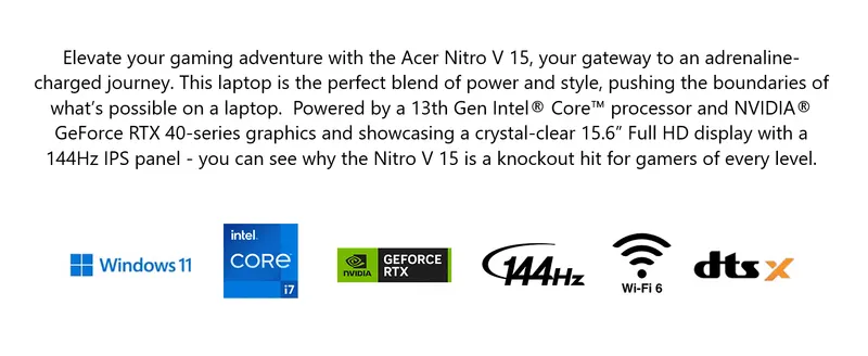 Summarizes the laptop's key hardware and software capabilities through a description paired with recognizable spec badges (CPU, GPU, display, connectivity).