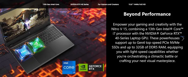 Emphasizes the laptop's core performance hardware (CPU, GPU, RAM, storage) as one unified selling message alongside a product photo.