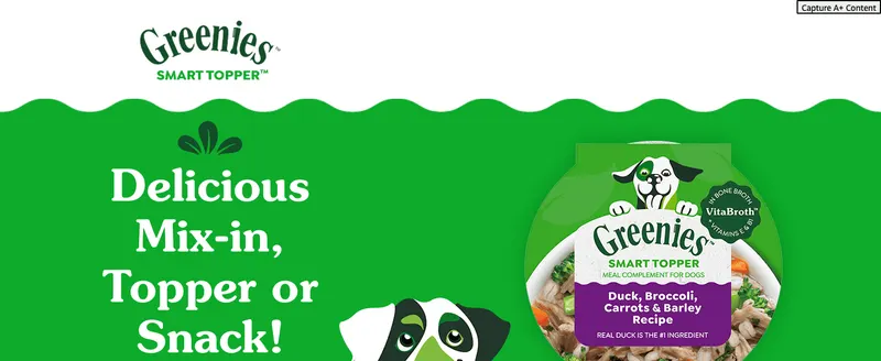 Leads with the Greenies Smart Topper brand name and product shot to build recognition and trust with dog owners. Highlights the product's flexibility as a…