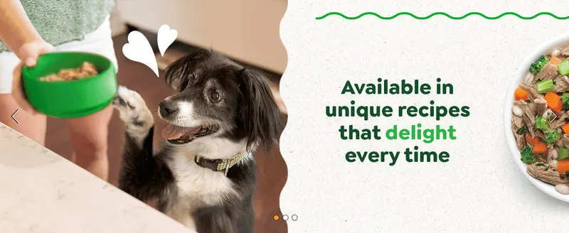 Shows a happy dog and owner with a bowl of food to reassure shoppers that the topper comes in recipes dogs love.