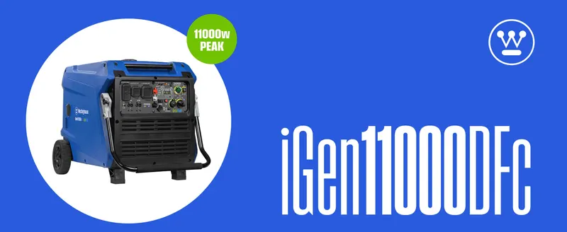 Introduces the iGen11000DFc model with a peak wattage badge to establish the product and its power rating at a glance. Puts the peak wattage figure up front…