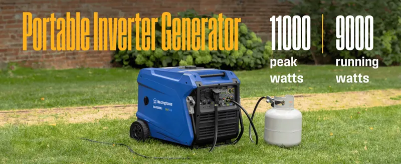 Leads with the generator's 11000 peak and 9000 running watt ratings so shoppers see its power output at a glance. Shows the generator in a backyard setting to…