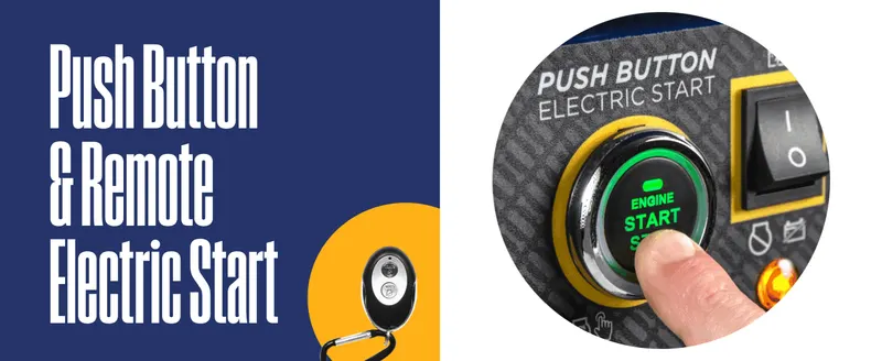 Zooms in on the push-button start control and the remote fob to show how the generator starts. Tells shoppers the generator starts with a button press or…