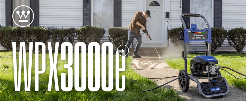 Introduces the WPX3000e by name with a Westinghouse logo over a lifestyle scene, building brand recognition and showing the washer in real use. Shows a…