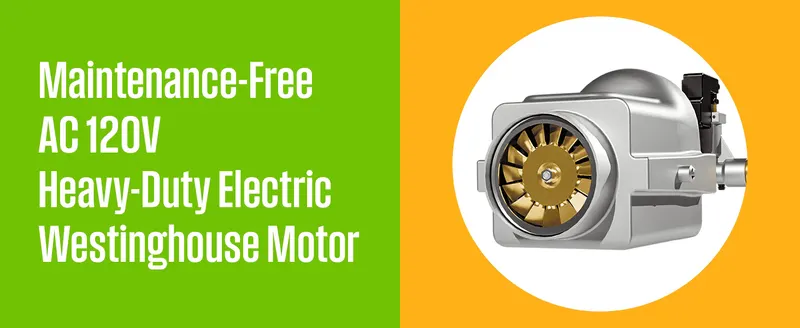 Zooms in on the maintenance-free electric motor to show the part that delivers the machine's power.