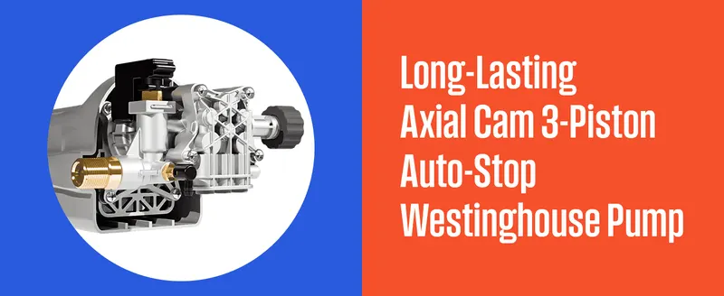 Zooms in on the axial cam auto-stop pump to show the durable part behind the cleaning performance.