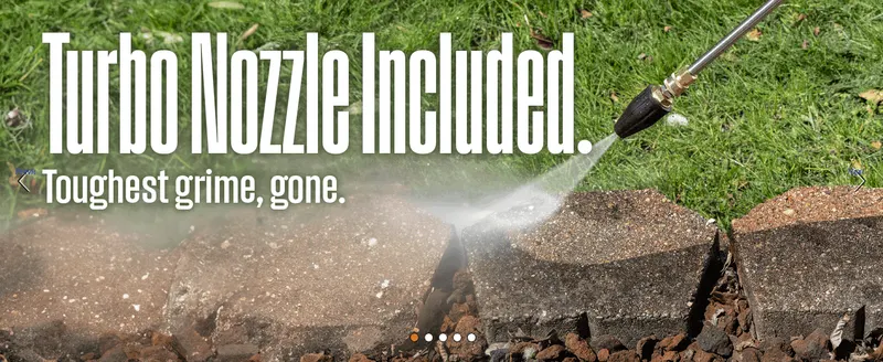 Shows the included turbo nozzle blasting grime off paving so shoppers see the extra cleaning power that comes in the box.