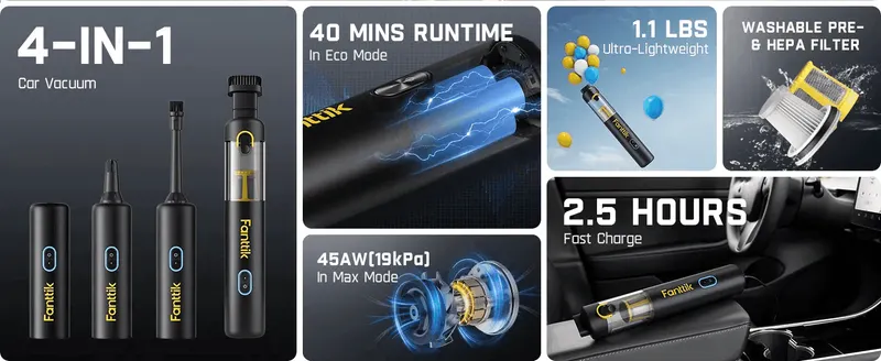 Showcases six distinct product benefits in a segmented grid so shoppers can quickly scan the vacuum's full capabilities.