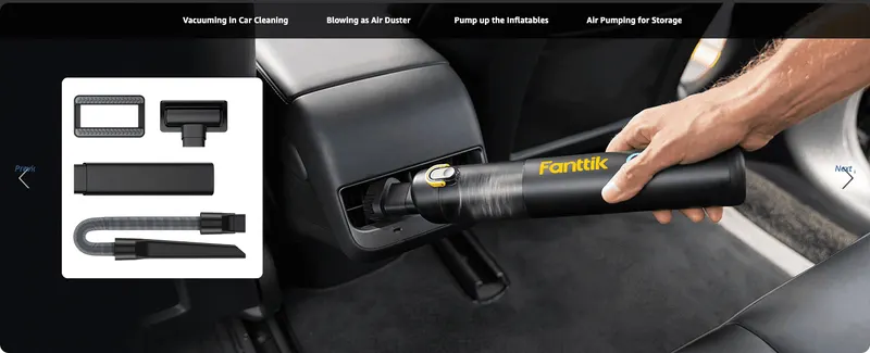 Demonstrates the product's versatility across multiple use cases beyond vacuuming, such as inflating and dusting. Shows the full set of attachments included…