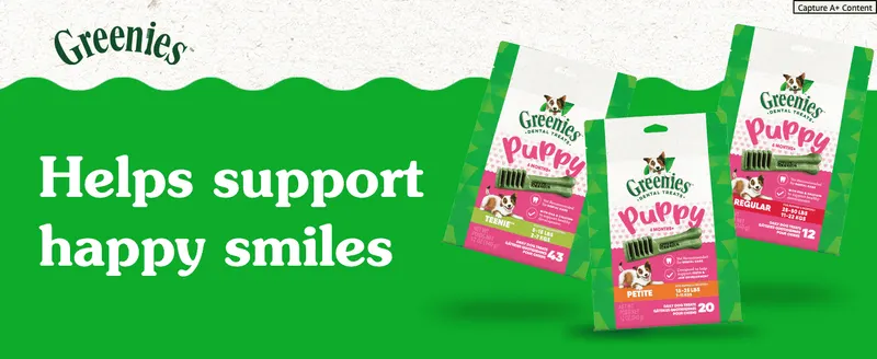 Introduces the Greenies Puppy brand and its range of treat sizes to build recognition and trust. Claims the treats help support healthy smiles, communicating…