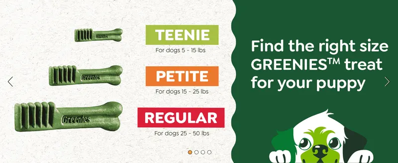 Helps shoppers pick the correct Greenies treat size for their puppy's weight from the product line.