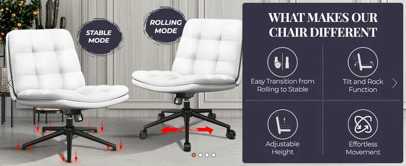 Shows the chair's stable and rolling modes alongside a 4-panel grid of mechanical benefits to demonstrate its versatility.