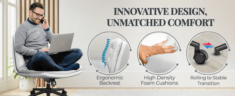 Zooms into three physical components to show the ergonomic construction behind the chair's comfort. Highlights three distinct comfort and mobility benefits in…