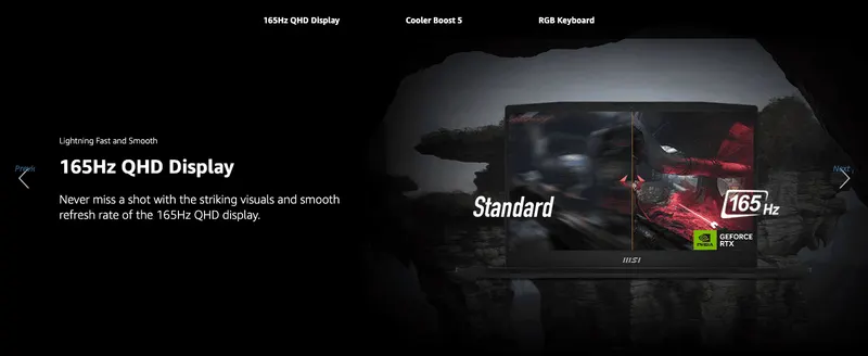 Uses a standard versus 165Hz split view to show shoppers how smooth the display looks in fast gameplay.
