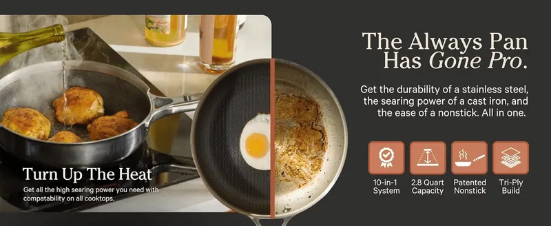 Highlights four core upgrades of the Pro version (versatility, capacity, nonstick coating, build quality) to justify the pro positioning. Shows the pan…