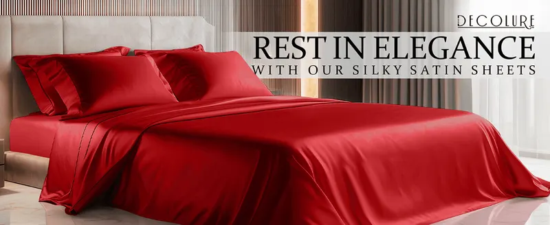 Introduces the satin sheets with an elegant lifestyle scene and headline to set a premium, luxurious tone.
