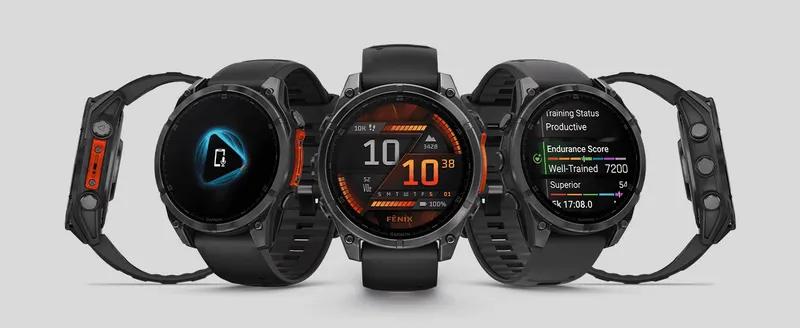 Displays several distinct on-watch data screens side by side to demonstrate the breadth of training and health metrics available.