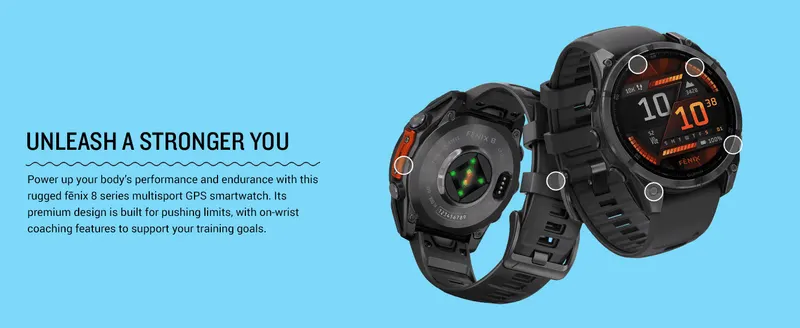 Uses callout points on the watch body to reinforce a single message of rugged, premium design built for pushing physical limits.