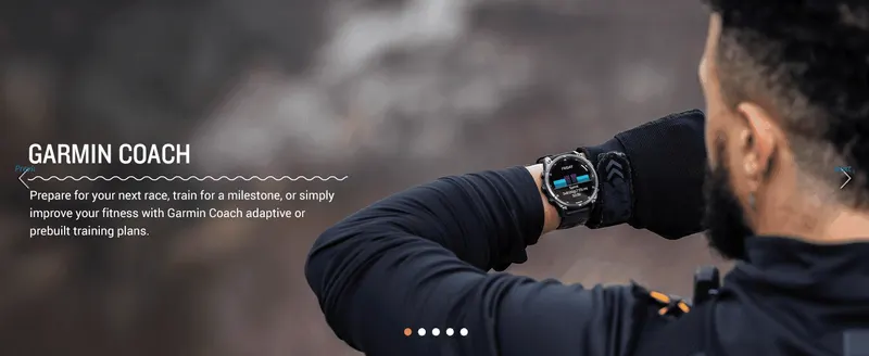 Communicates that the watch offers adaptive or prebuilt coaching plans to help users prepare for races or fitness milestones.