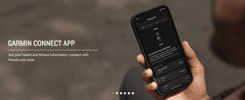 Shows the Garmin Connect app's sleep tracking screen to reassure shoppers they can monitor health data and connect with friends.