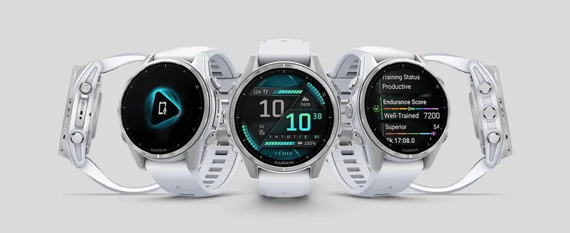 Shows the watch from three angles with different screen displays to highlight its bright AMOLED display and customizable watch faces.