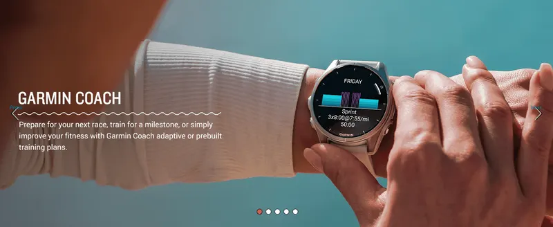 Shows a runner checking a training plan on their wrist to promote Garmin Coach's adaptive and prebuilt training plans.