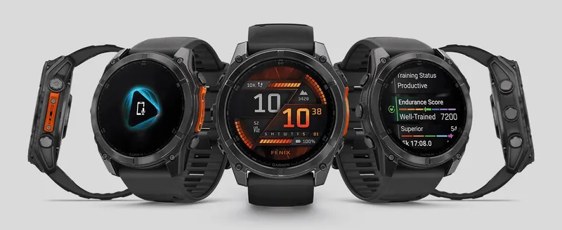 Shows the watch from three angles with different on-screen data to demonstrate its range of tracking features.