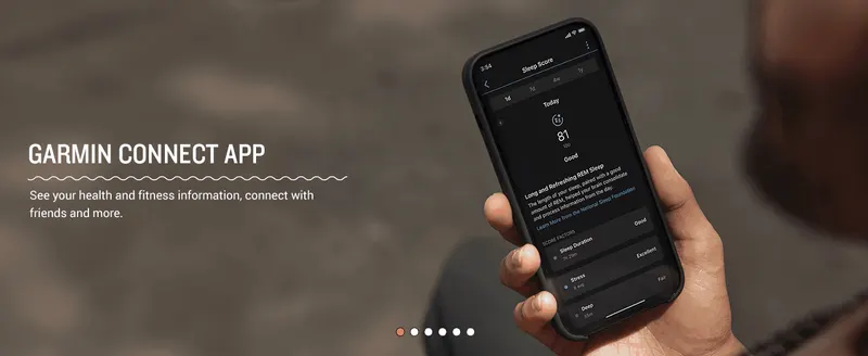 Shows the Garmin Connect app to reassure shoppers they can track health data and connect with friends.
