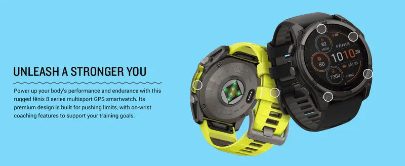 Points to multiple physical features on the watch body and band to reinforce its rugged, performance-focused design. Communicates the watch's strength and…