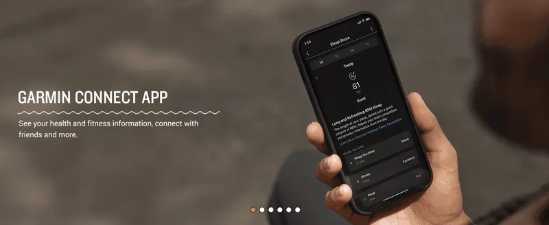 Shows the companion app's health and fitness tracking, like sleep score, to reassure shoppers of a connected ecosystem.