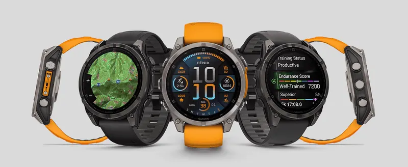 Shows three different on-watch app screens to demonstrate the range of tracking and navigation features available.