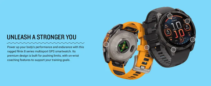 Points out key physical components of the watch to reinforce its rugged, performance-focused build. Positions the watch as a tool for pushing physical limits,…