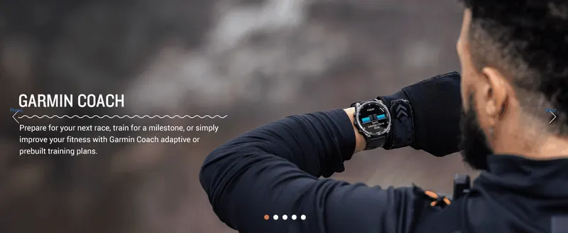 Promotes the Garmin Coach feature that builds adaptive or prebuilt training plans to help users prepare for races or fitness milestones.