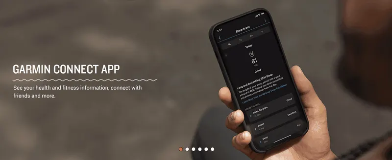 Shows the companion Garmin Connect app displaying health and sleep data to reassure shoppers the watch pairs with a useful tracking app.