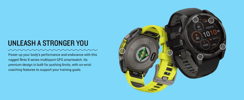 Zooms into specific physical components of the watch to build confidence in its rugged, premium build quality. Combines a performance headline with callouts…