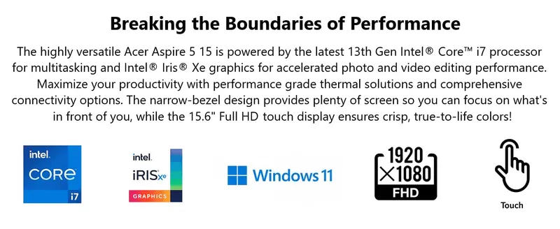 Highlights the laptop's CPU, graphics, OS, display resolution and touch support together to prove overall performance.