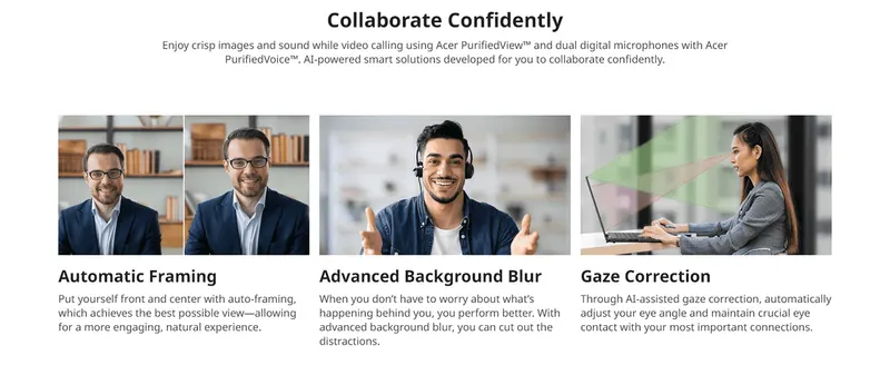 Showcases three AI-powered video-calling features in a segmented three-panel layout to demonstrate the laptop's collaboration capabilities.