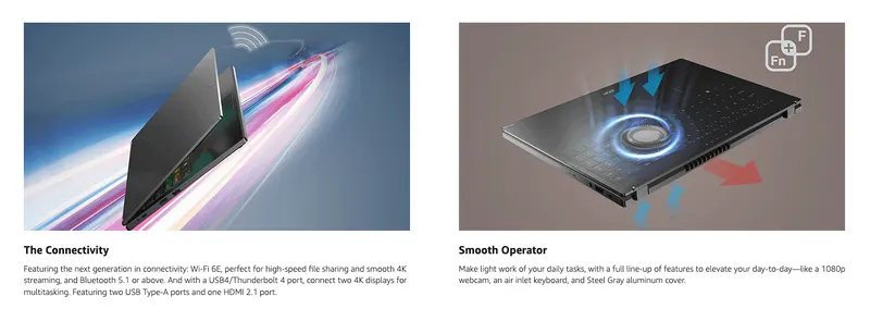 Highlights two distinct laptop capabilities side by side, connectivity speed and everyday usability features, in a segmented two-panel layout.