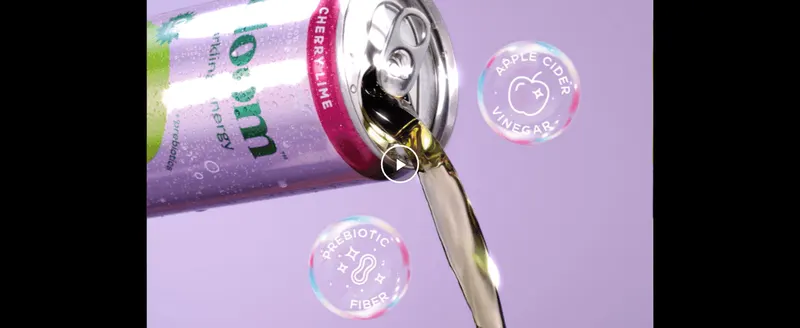Highlights two key functional ingredients (apple cider vinegar, prebiotic fiber) via a dynamic pour video to build appeal around the drink's formula.