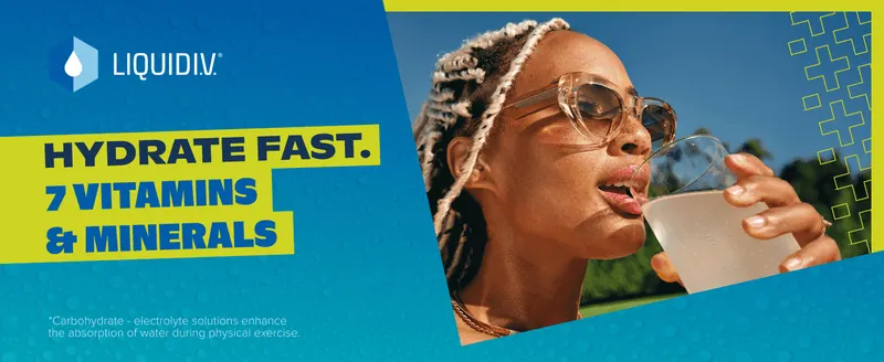 Communicates the core benefit of fast hydration with added vitamins and minerals through a simple headline and lifestyle photo.