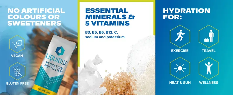 Highlights clean ingredients, vitamin content, and versatile use occasions across three segmented panels.