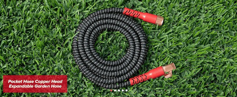 Introduces the product name and coiled hose in a lifestyle setting to establish what the product is.