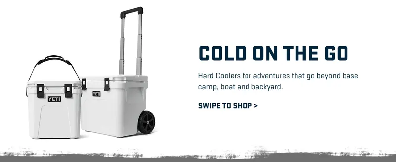 Showcases the YETI hard cooler product line with brand messaging about portability and adventure use cases to build brand identity and guide shoppers to…